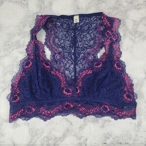 Francesca's Bralette Medium Blue Pink Lace Racerback Wide Band Triangle Cup